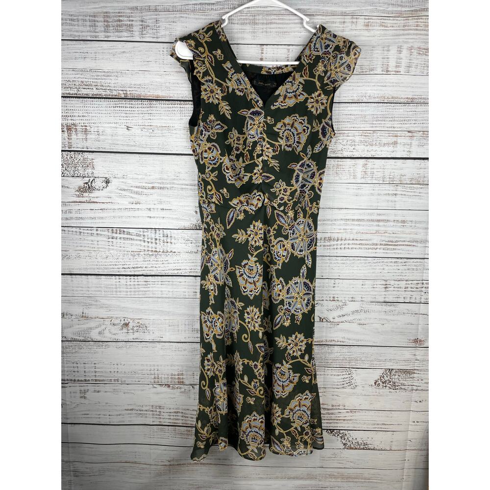 Zara Green Floral Ruched Midi Dress Sheer Y2K Feminine Wedding Formal XS 90s